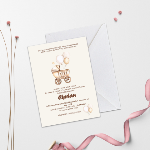 Invitatii de Botez Catalog damageStudio - Invitație de Botez Vintage Carut Boy