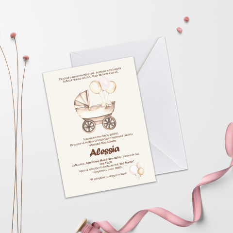 Invitatii de Botez Catalog damageStudio - Invitație de Botez Vintage Carut Girl