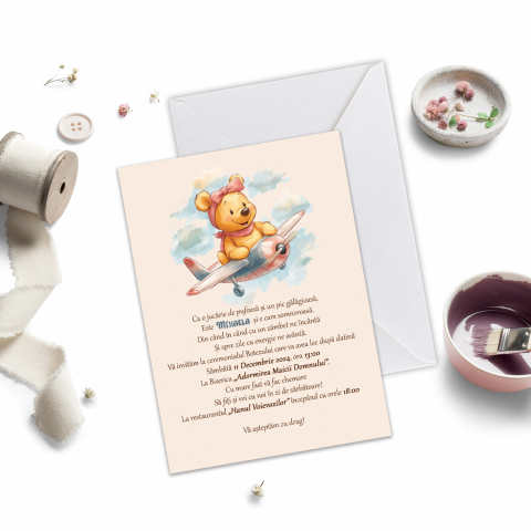 Invitatii de Botez Catalog damageStudio - Invitație de Botez Winnie Plane Girl