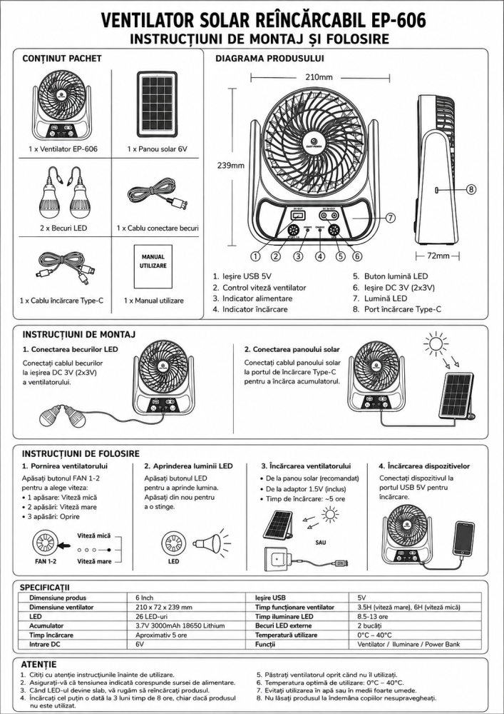 Ventilator Solar Reîncărcabil EP-606 6 Inch cu Panou Solar, 2 Becuri LED, Acumulator 3000mAh [8]