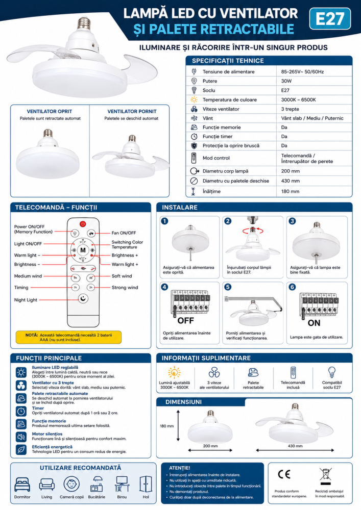 Lampă LED cu ventilator E27 și palete retractabile, 30W, telecomandă, 3 viteze, lumină reglabilă 3000K-6500K [5]