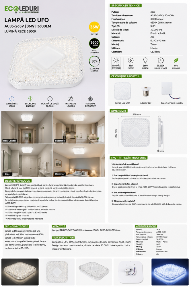 Lampă LED UFO pătrată 36W 6500K [5]