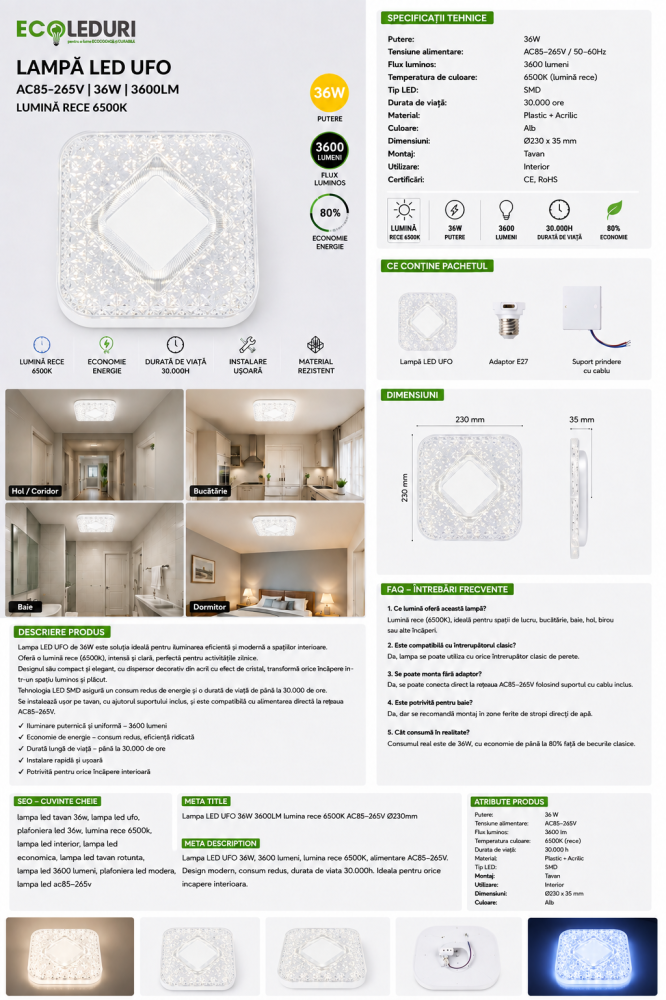 Lampă LED UFO pătrată 36W 6500K [6]