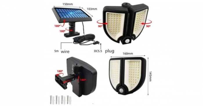 Lampă solară cu panou separat YT-90  rotativă la 180 de grade cu senzor crepuscular si de miscare plus telecomanda [4]