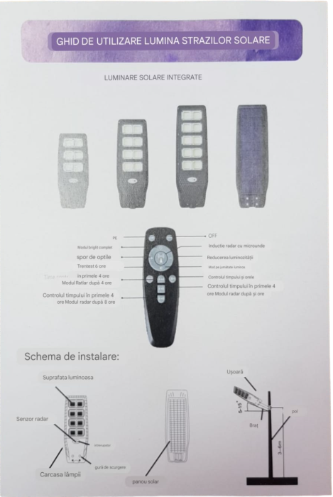 Lampa Solara Stradal JX-999120  400W Iluminat Perimetral  Incarcare Rapida 6500K  Panou 6V 20W  Acumulator 3,2V 18Ah si Telecomanda - Imagine produs en-gros [3]