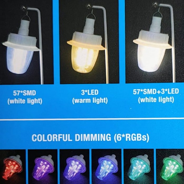 Lampa solara XG-T38, cu acumulator ,3x LED, 57x SMD, 6 led x RGB , functie de incarcare, carlig fixare [11]