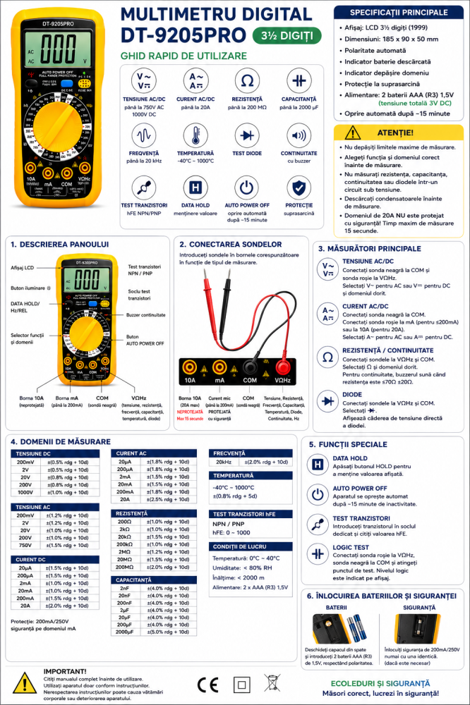 Multimetru Digital DT-9205pro – Aparat Profesional de Măsură Electrică [2]