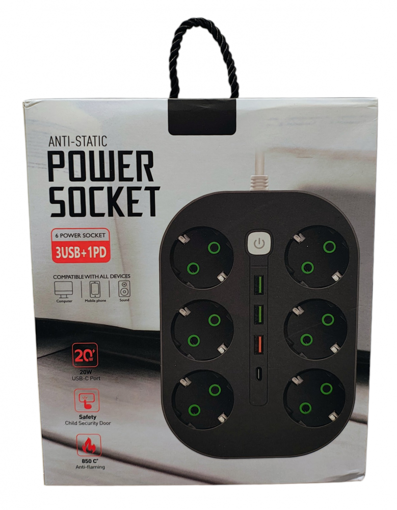 Prelungitor cu 6 prize schuko 3 USB si 1 PD  1,8 m T106-1 - Imagine produs en-gros [3]
