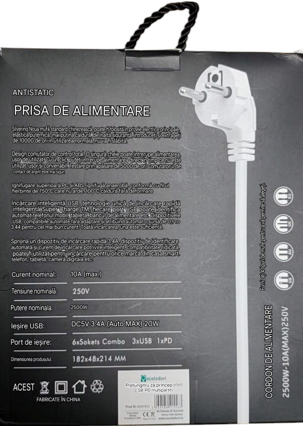 Prelungitor cu 6 prize schuko 3 USB si 1 PD  1,8 m T106-1 - Imagine produs en-gros [4]