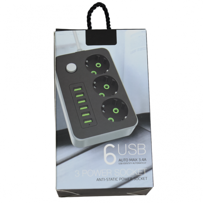 Prelungitor cu priza Schuko T22-1 ,cu 6 Huburi USB si power switch , 2 m [2]