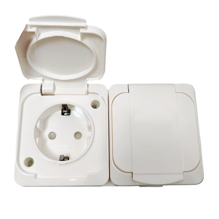 Priză dubla cu împământare si cu protectie copii, IP44 alb, montaj aplicat [2]