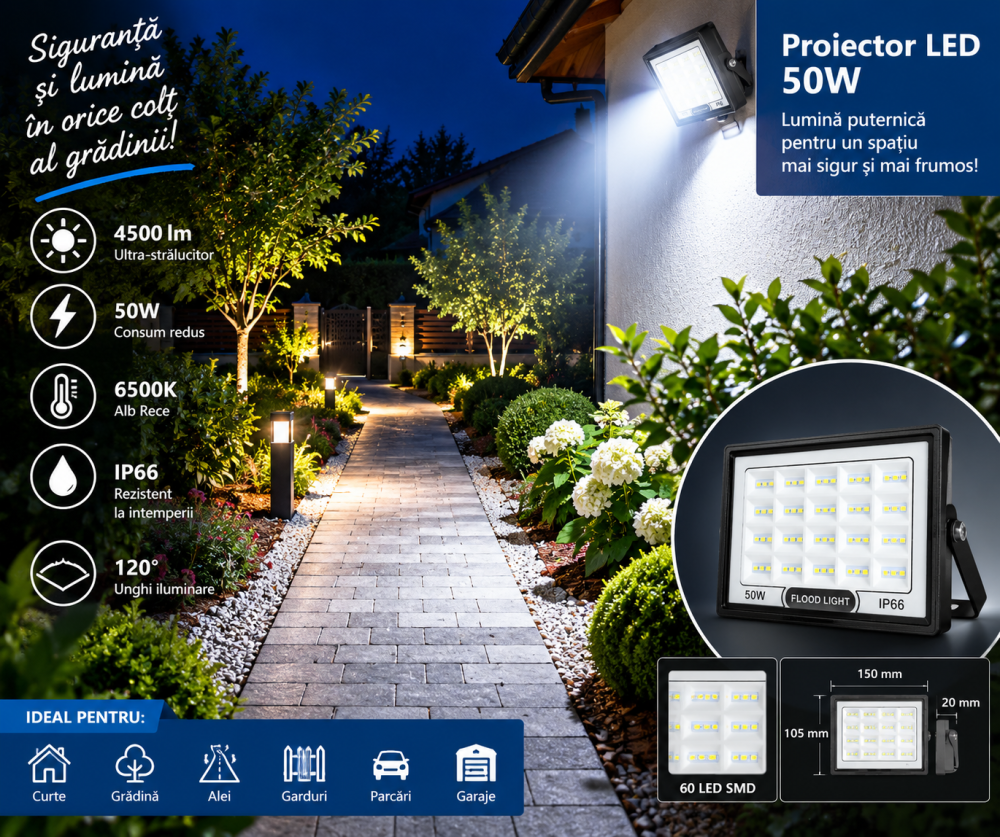 Proiector LED 50W 6500K IP66 montat la exterior pentru iluminarea descriere [2]