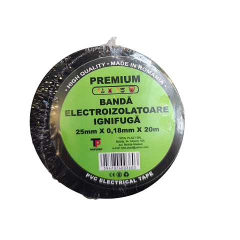 Adezivi si benzi adezive - Bandă Electroizolatoare Ignifugă PVC 25 mm x 20 m Neagră Premium Fabricată în România