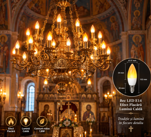 Bec Color led - Bec LED tip lumânare decorativ 14W E14, design elegant pentru candelabre biserica și lămpi-dandyproelectro