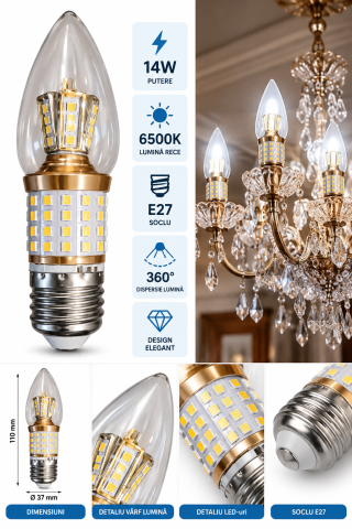Becuri Led - Bec LED tip lumânare decorativ 14W E27 lumină rece pentru candelabru