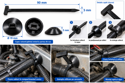 Cose / Coliere plastic - Coliere cablu auto nylon 90x5 mm cu piesa rotunda fixare set  engros50 bucati