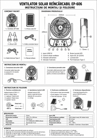 Ventilator Solar Reîncărcabil EP-606 6 Inch cu Panou Solar, 2 Becuri LED, Acumulator 3000mAh [7]