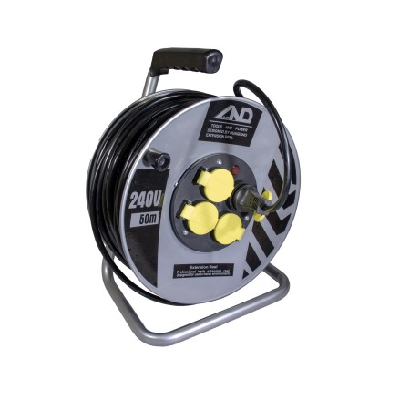 Prize și Întrerupătoare - Derulator prelungitor electric 50 M pe tambur metalic 3x2.5mm , 4 prize cu protectie si impamantare - Imagine produs en-gros