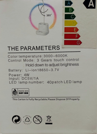 Lampa de birou veioza cu acumulator cod 1958 , intrerupator cu touch, LED 4W  lumina culoare rece calda si neutra  , H 40 cm [5]
