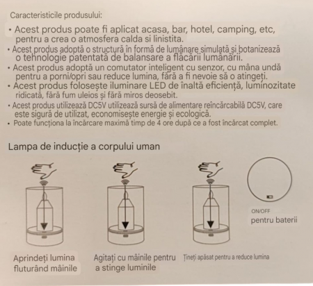 Lampa de sticlă cu  flacără proiectata cu led, reglabilă, cu senzor de mișcare, control, lumină de noapte fără fir, reincarcabilă pentru dormitor, restaurant, cafenea, lanternă de masă cu lumină caldă [6]