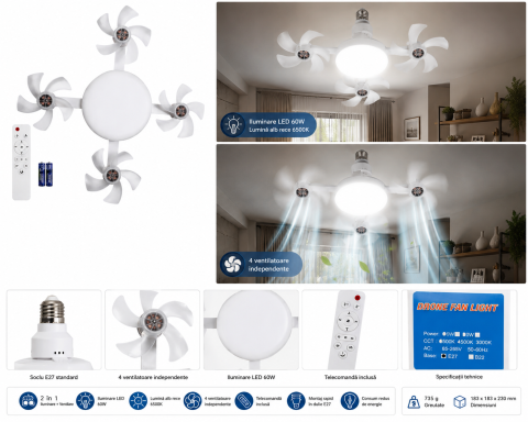 Lampă LED cu 4 ventilatoare E27 60W 6500K cu telecomandă [2]