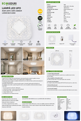 Lampă LED UFO pătrată 36W 6500K [5]