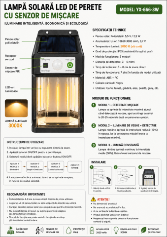 Lampă Solară LED de Perete cu Senzor PIR, Telecomandă, IP65, Acumulator 3000 mAh [2]