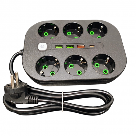Prelungitor cu 6 prize schuko 3 USB si 1 PD  1,8 m T106-1