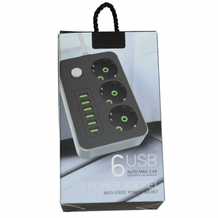 Prelungitor cu priza Schuko T22-1 ,cu 6 Huburi USB si power switch , 2 m [1]