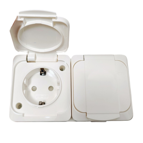 Priză dubla cu împământare si cu protectie copii, IP44 alb, montaj aplicat - Imagine produs en-gros [1]