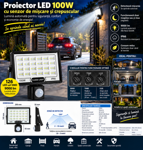 Corpuri de iluminat - Proiector LED 100W cu senzor 6500K IP66 montat la exterior pentru iluminarea descriere