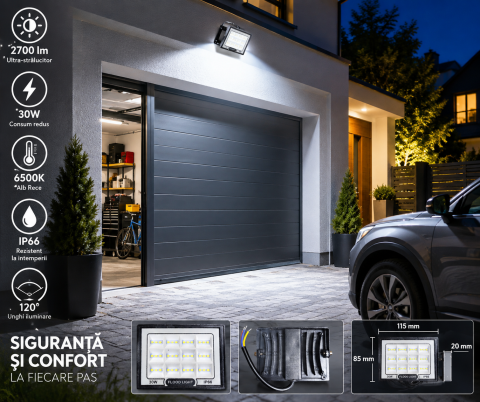 Corpuri de iluminat - Proiector LED 30W 6500K IP66 montat la exterior pentru iluminarea garaj