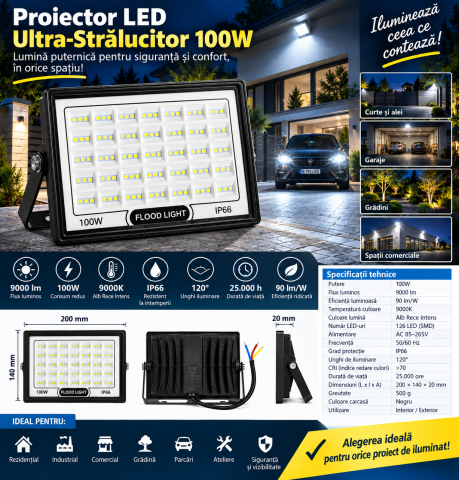 Corpuri de iluminat - Proiector LED 100W 6500K IP66 montat la exterior pentru iluminarea descriere