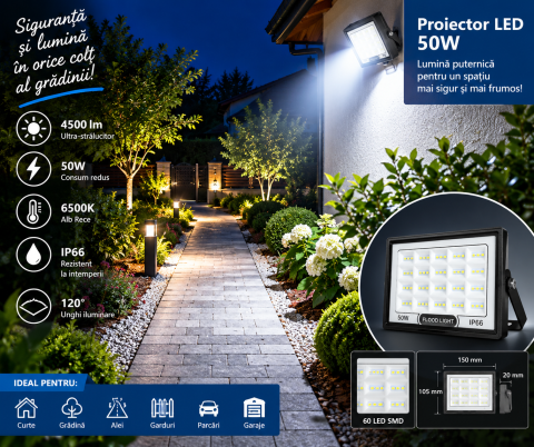 Proiector LED 50W 6500K IP66 montat la exterior pentru iluminarea descriere [1]