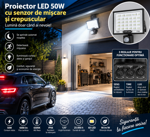 Proiector LED 50W 6500K IP66 montat la exterior pentru iluminarea descriere