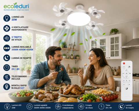 Lampă LED cu 4 ventilatoare E27 60W 6500K cu telecomandă [1]