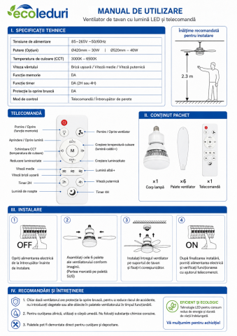 Ventilator de tavan inteligent cu lumină LED și telecomandă [6]