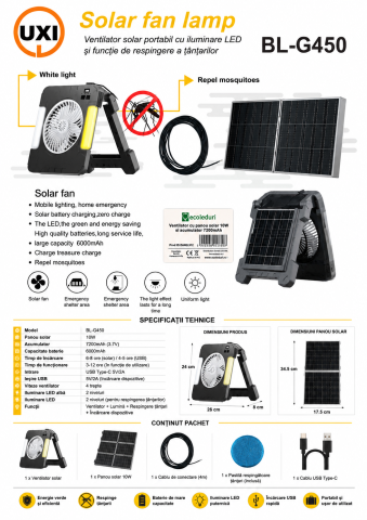 Ventilator portabil solar UXI BL-G450 cu panou solar pliabil 10W, 4 viteze, afișaj digital, Power Bank USB și lumină anti-țânțari [2]