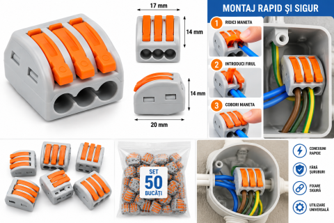 Aparataj şi accesorii - Clemă Conexiune Electrică 3 Poli, Tip WAGO, cu Pârghii, Gri-Portocaliu-Set 50 buc