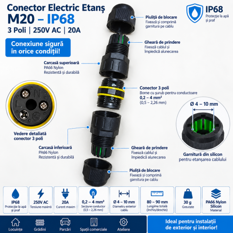 Conectoare electrice/Morsete/reglete - Conector electric etanș M20 IP68 3 poli 20A”