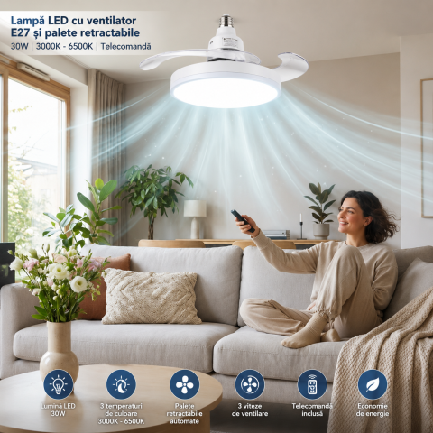 Lampă LED E27 18W cu ventilator și palete retractabile, 12W, telecomandă, 3 viteze, lumină reglabilă 3000K-6500K