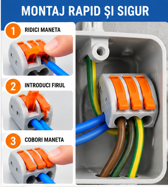 Clemă Conexiune Electrică 3 Poli, Tip WAGO, cu Pârghii, Gri-Portocaliu-Set 50 buc [2]