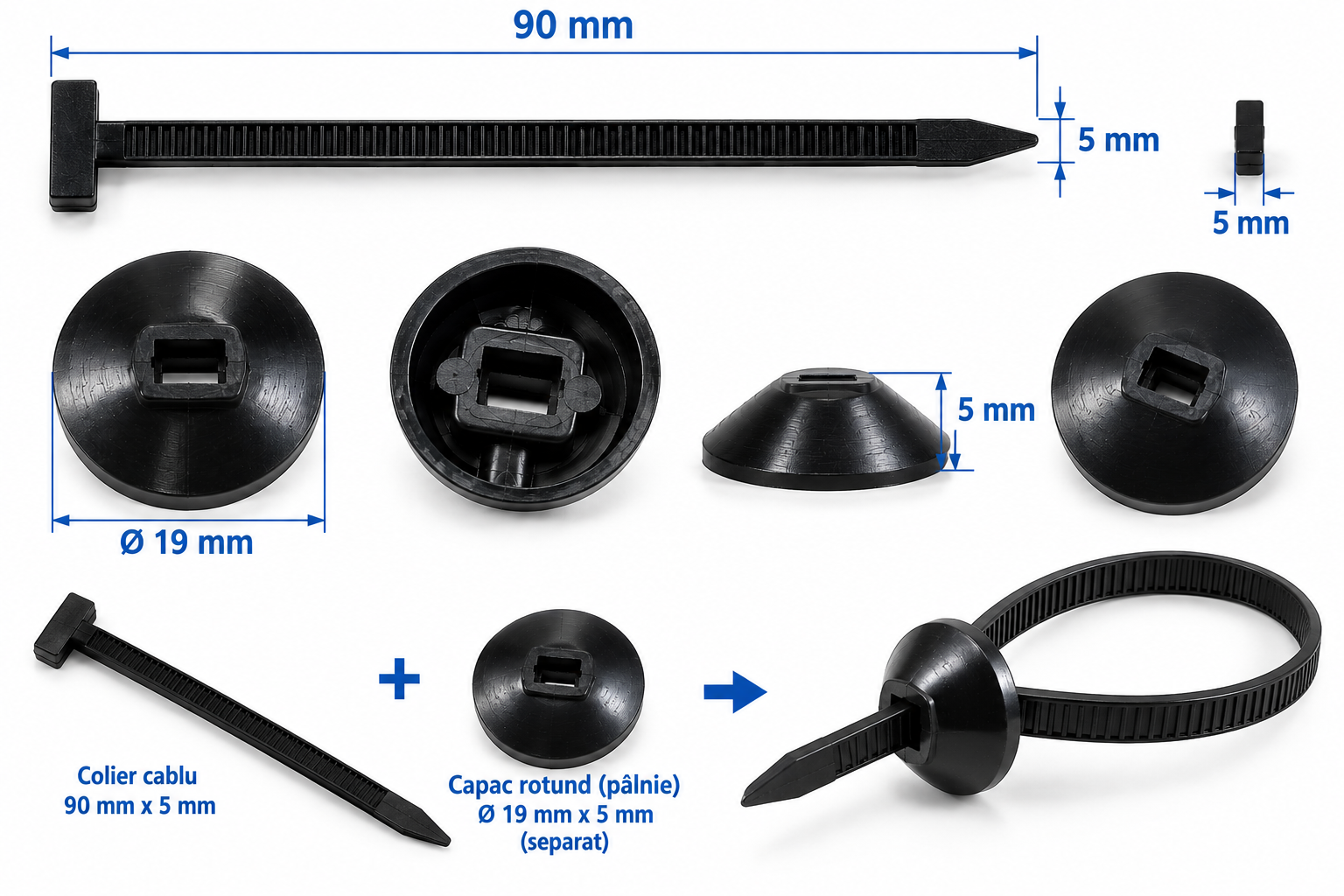 Coliere cablu auto nylon 90x5 mm cu piesa rotunda fixare set 50 bucati [1]