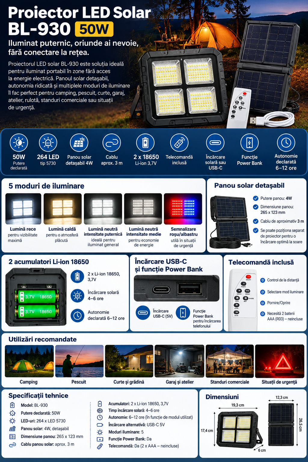 Proiector BL-930 cu panou solar pliabil si cablu de aproximativ 3 metri [4]