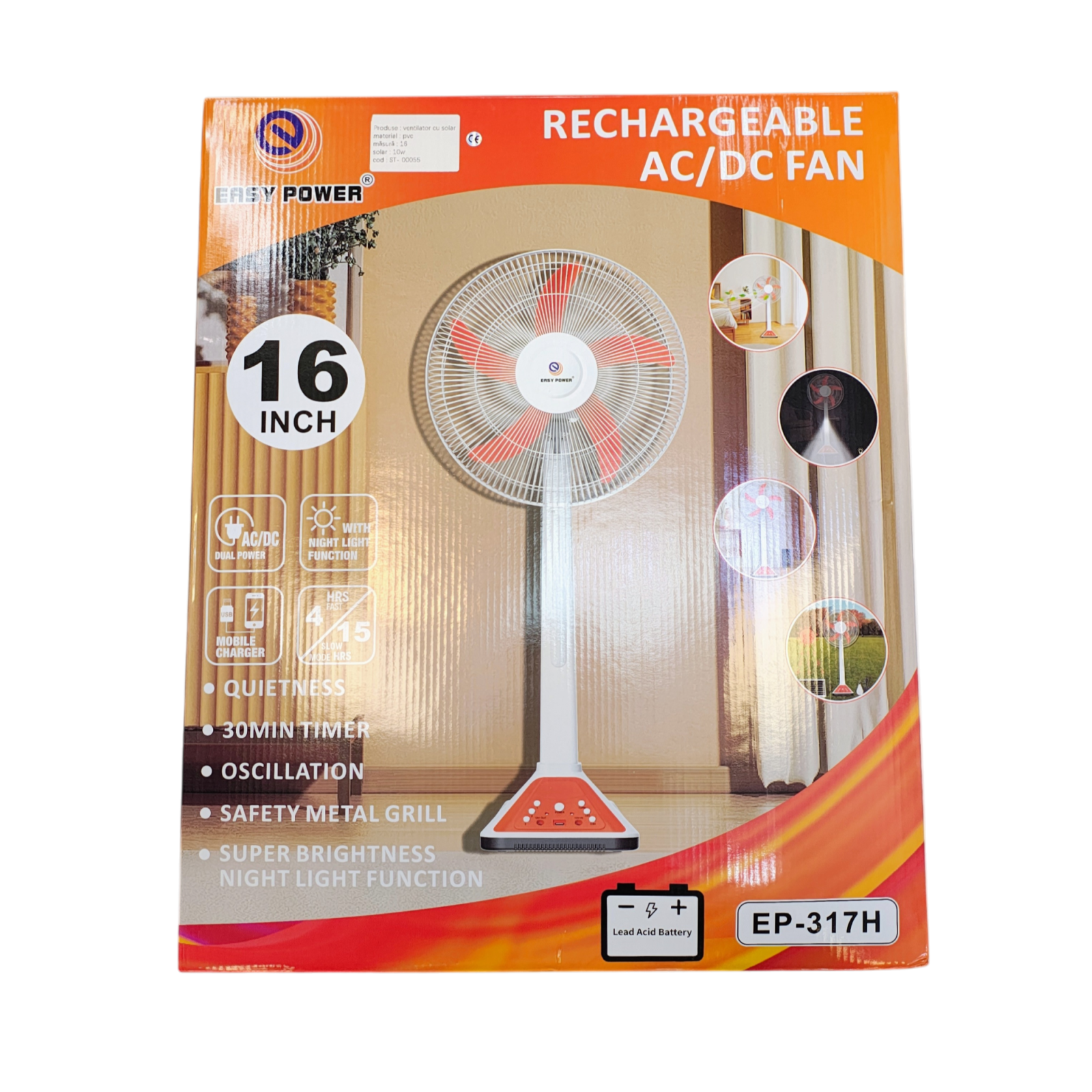 Ventilator cu picior reîncărcabil AC/DC 16 inch 48W cu lampă LED și acumulator 12V 5Ah [8]