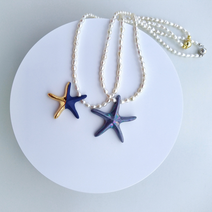 Blue - gold starfish pendant with natural pearls necklace - Daniela Cățoi [3]