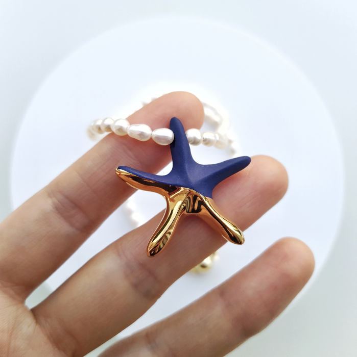 Blue - gold starfish pendant with natural pearls necklace - Daniela Cățoi [2]