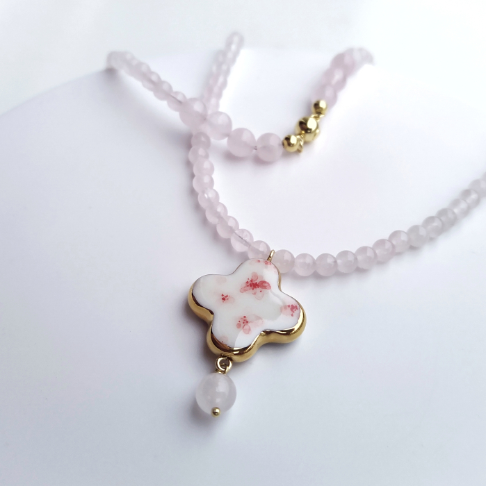 Spring cross pendant with flowers and pink quartz [3]