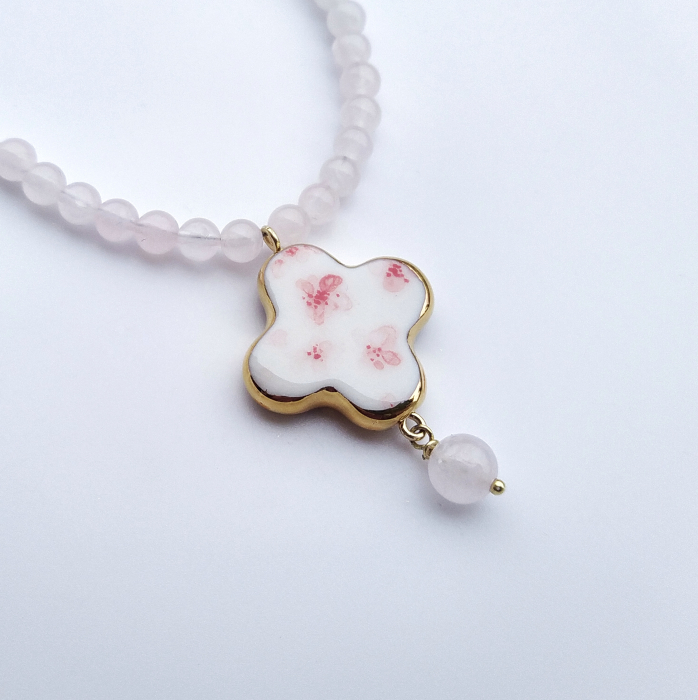 Spring cross pendant with flowers and pink quartz [2]