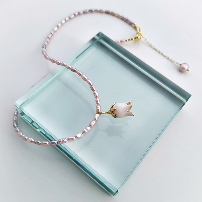 White porcelain Lily of the Valley pendant with rose pearls necklace and charm [2]